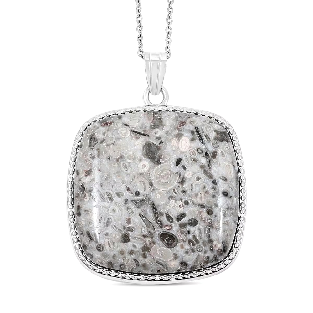 Ocean Fossil Jasper Pendant Necklace In Silvertone